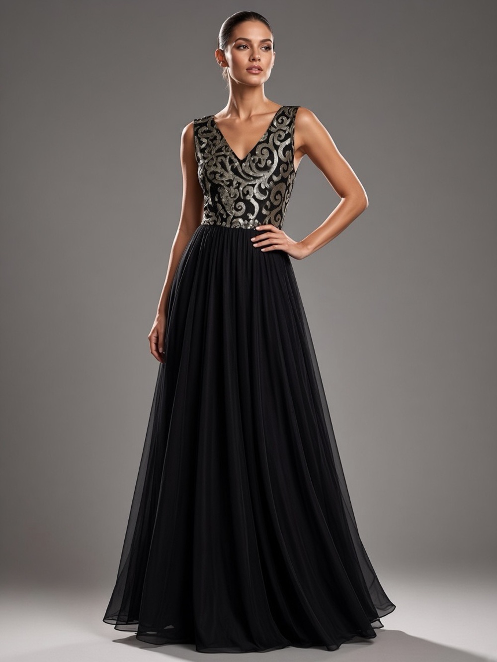 Black Evening Gown with Metallic Gold Embellished Bodice